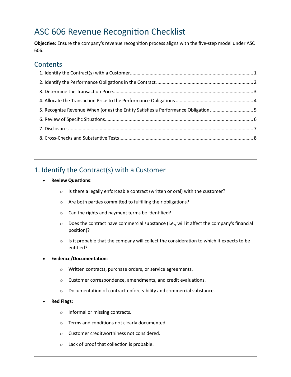 First page of the ASC 606 revenue-recognition checklist for a clinical-research client, showing the five-step review framework.